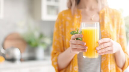 Fototapeta premium Woman in a yellow robe holding a glass of orange juice in a bright kitchen, capturing the essence of a fresh and healthy morning routine.