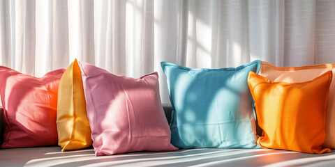 A row of colorful pillows rest on a couch in front of a window