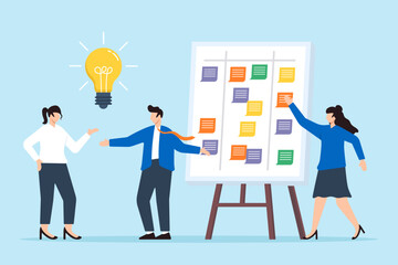 Vector illustration of team brainstorming with sticky notes on whiteboard creative problem solving