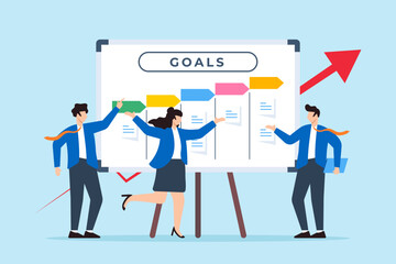 Vector illustration of business team setting goals with sticky notes on whiteboard objective planning