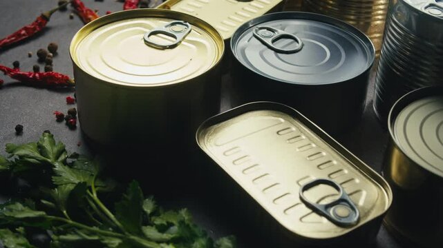  Metal Cans with Canned Food or Pate on table close-up. Golden and silver cans with pull rings. Canned tourist food and fish or wet pet food, pate