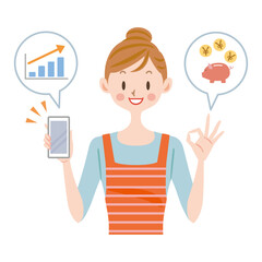スマホを持った主婦のイラスト　投資　チャート　グラフ　貯まる　UP

