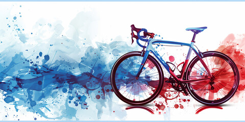 Fototapeta premium A blue, white, and red bicycle stands against a watercolor background
