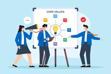 Vector illustration of business team defining core values with sticky notes on whiteboard company culture