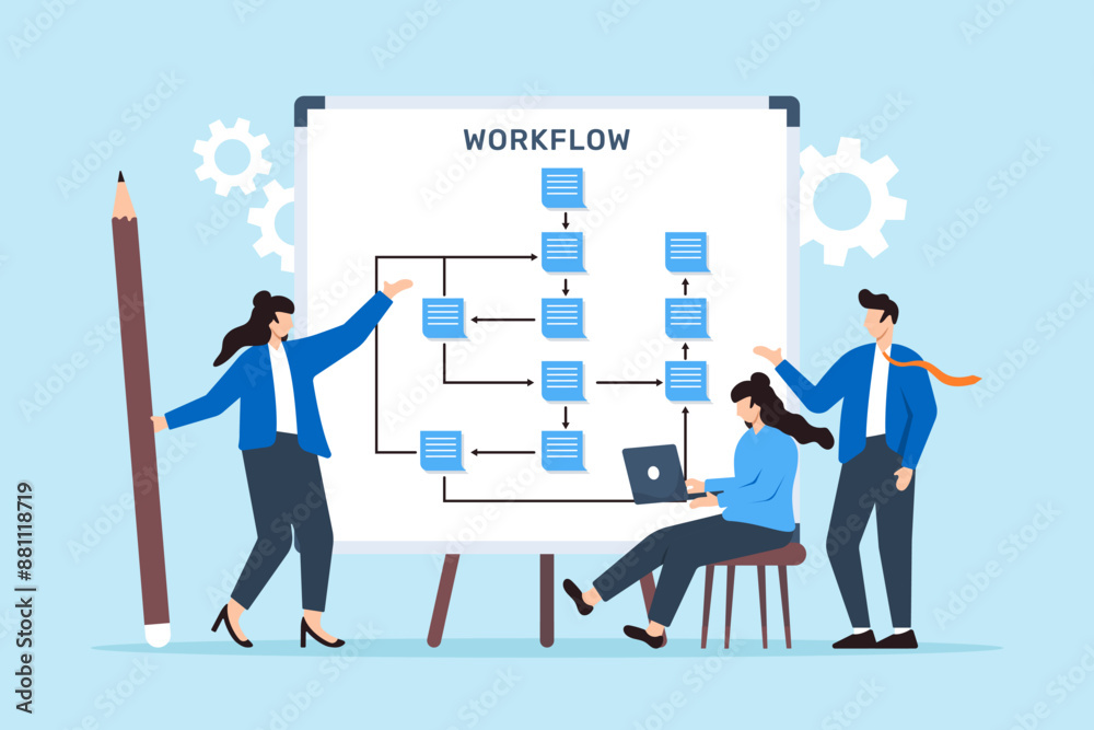 Poster vector illustration of team members designing workflow process with sticky notes on whiteboard effic