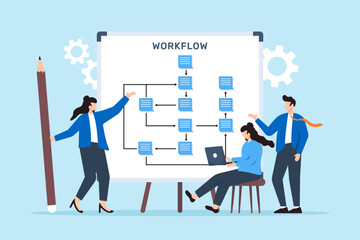 Vector illustration of team members designing workflow process with sticky notes on whiteboard efficiency optimization