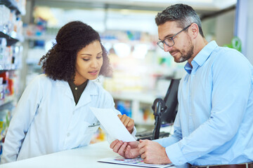 Woman, pharmacist and talking with customer for prescription, medication or sick note at pharmacy....