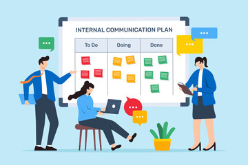 Vector illustration of team developing internal communication plan with sticky notes on whiteboard information flow © VZ_Art