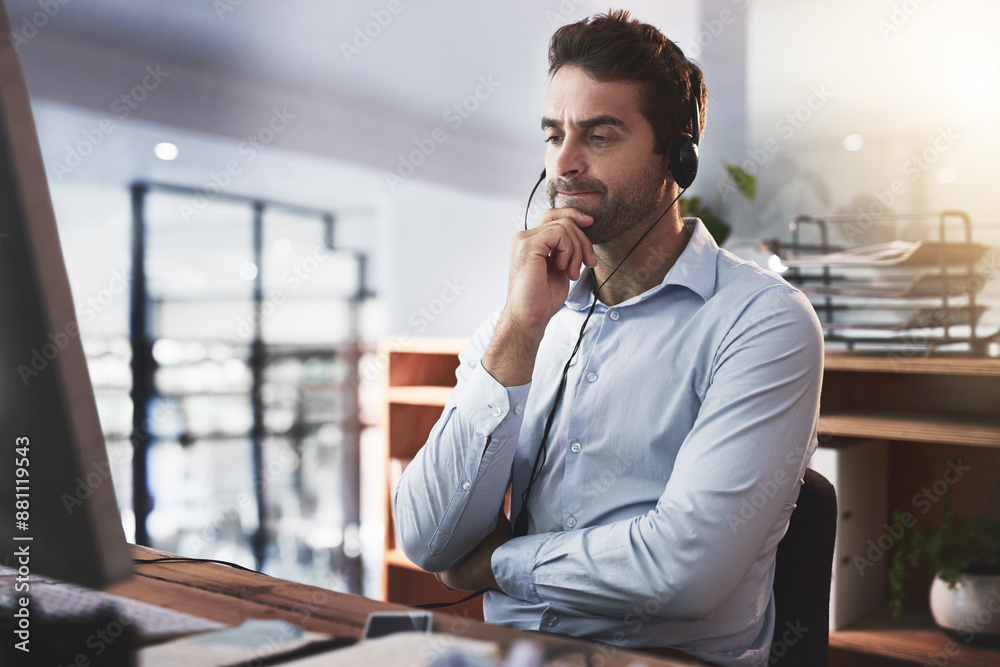 Aufkleber call center, customer support and man on computer thinking for talking, online help and consulting. 