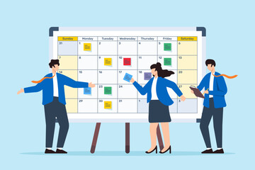 Vector illustration of colleagues developing content calendar with sticky notes on whiteboard editorial planning