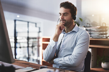 Call center, customer support and man on computer thinking for talking, online help and consulting....
