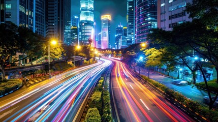 Fototapeta premium Futuristic city street at night with a lot of traffic and bright lights