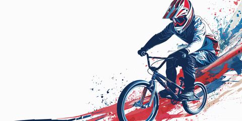 Fototapeta premium A BMX racer, wearing a helmet and protective gear, races down a track