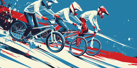 Obraz premium Three BMX racers speed down a colorful track