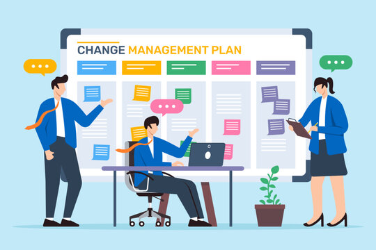 Vector illustration of working together in change management plan with sticky notes on whiteboard