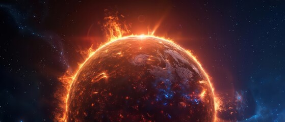 Obraz premium A supernatural scene unveils a sun that projects holographic images of distant realms and mystical creatures