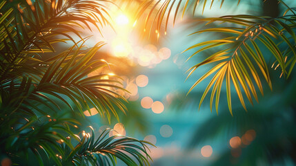 Tropical Palm leaves on the beach. Summer exotic trendy background with place for text	
