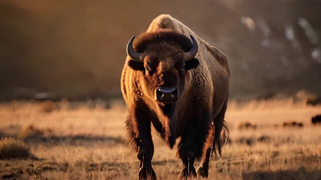 A majestic bison, set against a warm, golden hour backdrop, cinematic shot, video animation