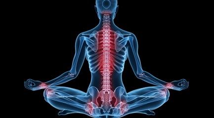 X-ray of a woman doing yoga in lotus position highlighting skeletal structure and spine