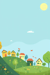 Naklejka premium Simple illustration of houses on a hill with a blue sky and sun