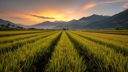 Obraz premium Rows of golden rice field at sunset in the mountains