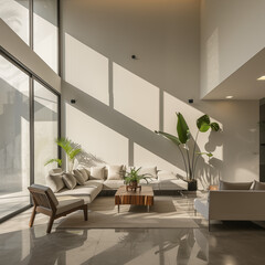 Clean light flooded white living room with a high ceiling 