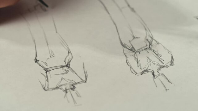 Young woman designer is drawing some clothes by pencil using ruler on white paper . The costume fashion designer making sketches for the work projects close-up. Drawing and sketching lessons