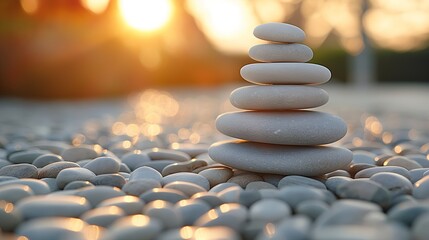 Obraz premium Stacked white stones at sunset, perfect for relaxation and wellness content, with copy space