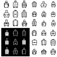 Luggage line icon set logo, travel trip suitcase vector symbol. Luggage bag sign in black filled and outlined style.