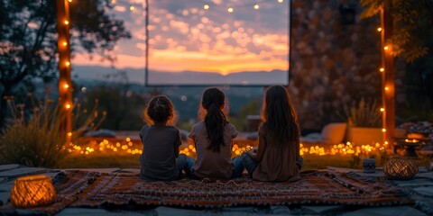 Family enjoying backyard movie night for National Movie Night, August 18th, cozy blankets, big screen, starlit sky