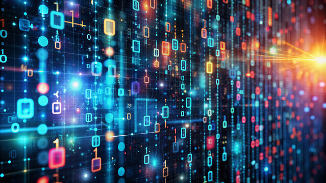 Vibrant digital numbers and random code unfold on a dark background, symbolizing dynamic data processing and software development in the realm of information design.