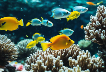 Obraz premium A group of exotic fish underwater near the corals