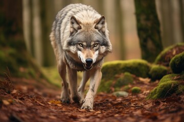Fototapeta premium Fierce solitary wolf displaying aggression on forest trail, frontal view ready to strike
