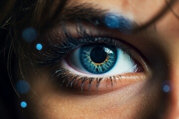 Fototapeta premium Young woman s eye in mesmerizing lights, expressing clairvoyant vision and spiritual emotion