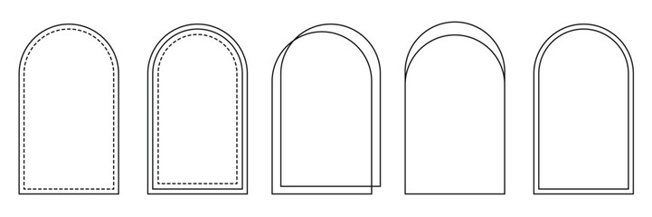 Set of outlined modern aesthetic linear arch frames. aesthetic geometric arch elements. geometric arch icon collection. Contemporary mid century thin outlined abstract shapes. Vector Illustration.