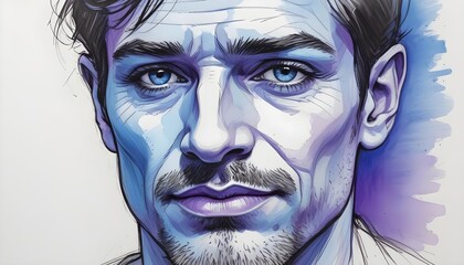 Obraz premium Hand drawing sketch of blue, black and violet colours of man face