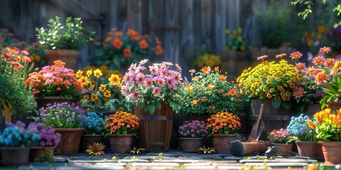 Obraz premium Garden flowers blooming for National Garden Day, August 30th, vibrant flora, gardening tools, summer growth