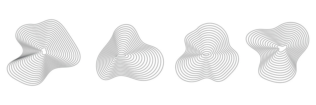 Set of Organic shape ripple circular concentric texture, annual wood tree line ring. Vector Illustration. 