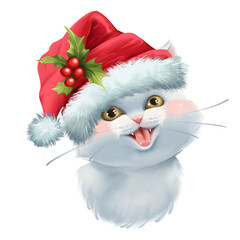 Cute white cat in Santa hat. Christmas illustration