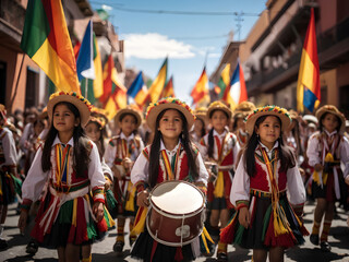 ¡Viva Bolivia!: Schoolchildren in La Paz celebrate Independence Day with a vibrant parade. generative AI