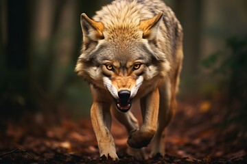 Fototapeta premium Fierce solitary wolf displaying aggression in forest, baring teeth, poised to strike