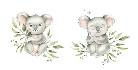 Obraz premium Set of cute kawaii koalas sitting with green branch eucalyptus and sleeping. Watercolor hand drawn illustration australian animal isolated on background. Cartoon kids print minimalist style.