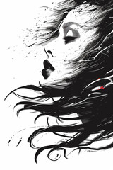 Fototapeta premium Wind woman with long black hair blowing in the wind, eyes closed for book cover