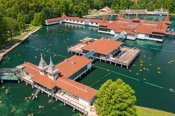 Aerial view about the thermal lake of Heviz, which is the largest biologically active natural...