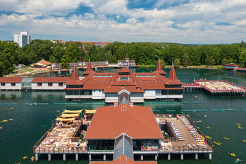Aerial view about the thermal lake of Heviz, which is the largest biologically active natural...