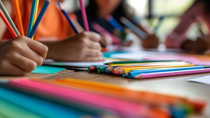 Obraz premium A detailed view of students' hands writing in multicolored notebooks with bright orange pencils, representing the diversity and excitement of a collaborative classroom experience.