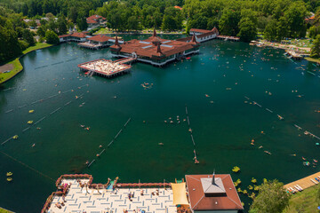 Aerial view about the thermal lake of Heviz, which is the largest biologically active natural...