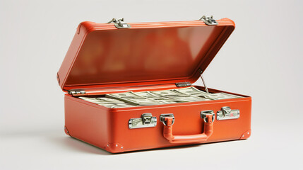 Open orange suitcase filled with dollar bills on a white background. Studio shot for wealth and finance concepts. Design for poster, banner, and print.