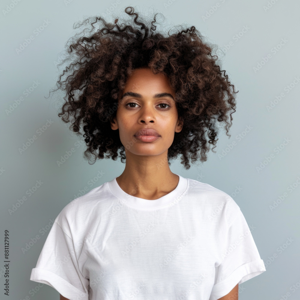 Wall mural  Beautiful black woman wearing bella canvas white t shirt and jeans, studio shot. Design t shirt template, print presentation mockup