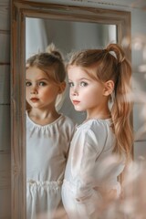 Fototapeta premium Girl looks at herself in a mirror